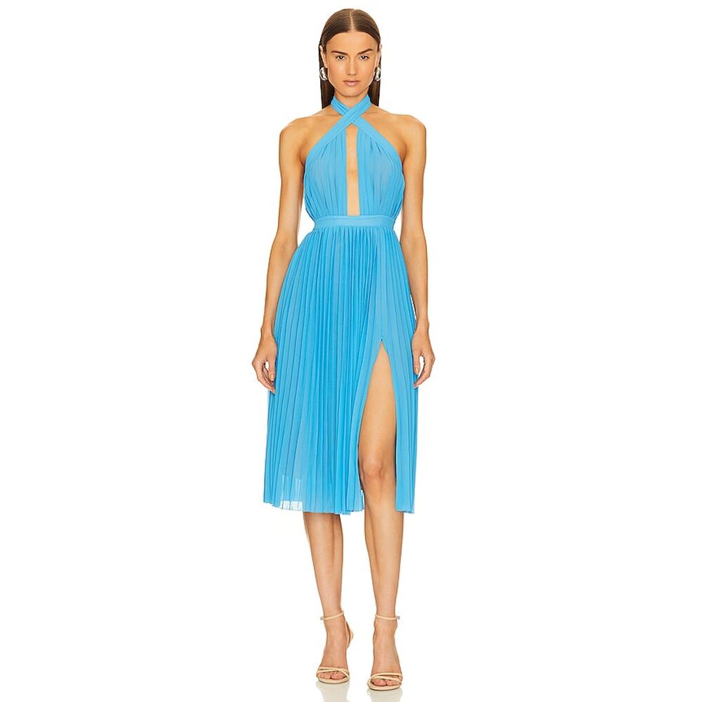 Michael Costello Beatriz Midi Dress Blue Pleated Halter Slit‎ Sleeveless Sz M